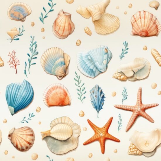 Coastal Watercolor Seashell Treasures Seamless Pattern