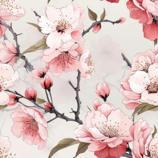 Asian Ink Wash Cherry Blossoms Delight Seamless Pattern