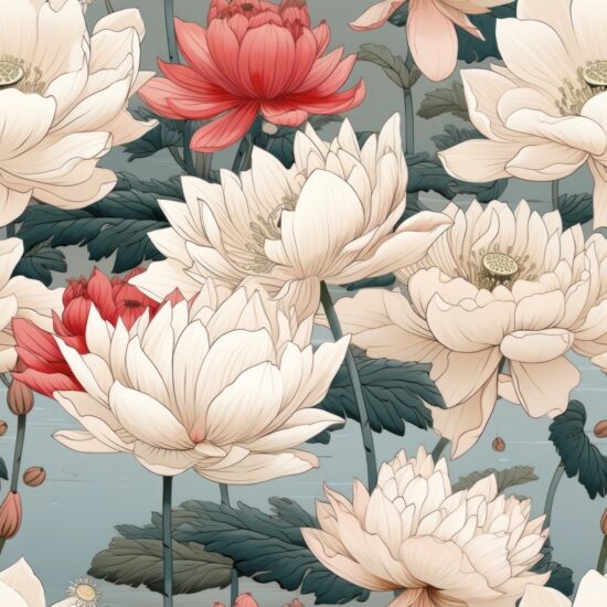 Serene Lotus Blooms: Japanese Woodblock Inspired Seamless Pattern