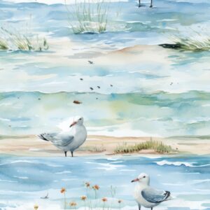 Seagull Flocks Beach Watercolor Design Seamless Pattern