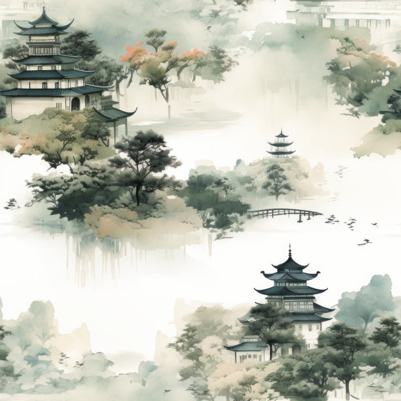 Zen Garden Delight - Asian Ink Wash Pagodas Seamless Pattern