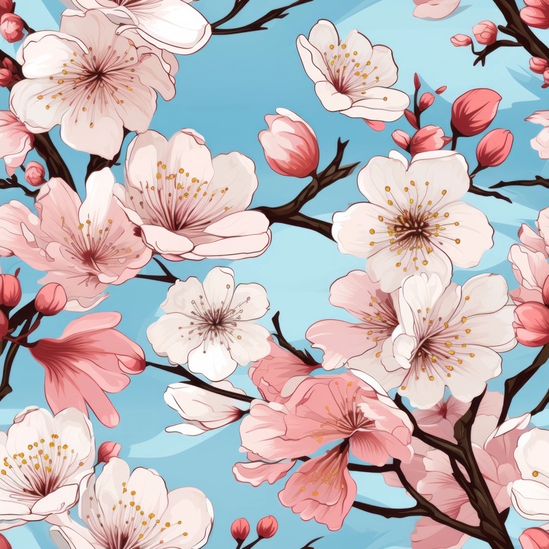 Blooming Cherry Blossoms | Japanese Woodblock Style Seamless Pattern