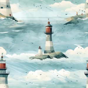 Coastal Watercolor Lighthouse Beacons Seamless Pattern