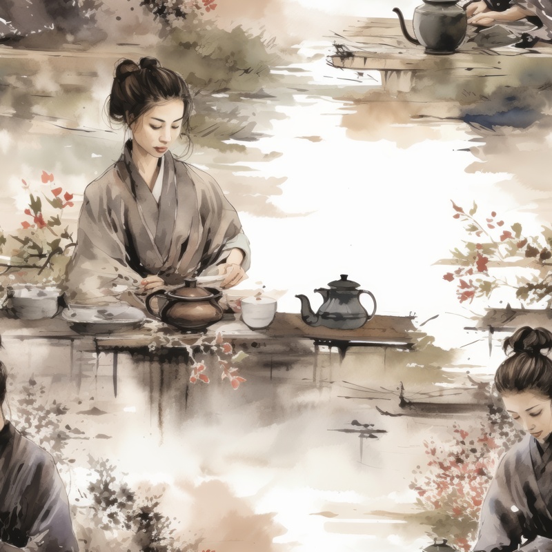 Japanese Tea Ceremonies: Asian Ink Wash Seamless Pattern