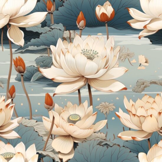 Serene Lotus Blooms: Japanese Woodblock Inspired Seamless Pattern