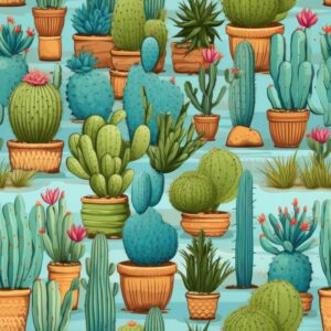 Vibrant Turquoise Cacti Delight Seamless Pattern