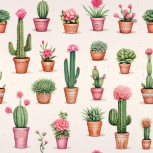 Dusty Pink Cacti in Bloom Seamless Pattern