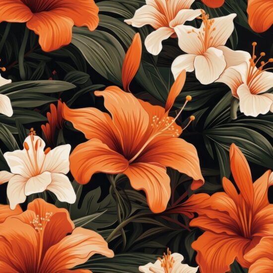 Exotic Orange Tropical Flowers Delight Seamless Pattern
