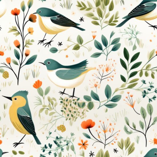 Meadow Greens with Majestic Birds Seamless Pattern