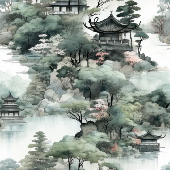 Tranquil Gardens: Sumi-e Ink Wash Seamless Pattern