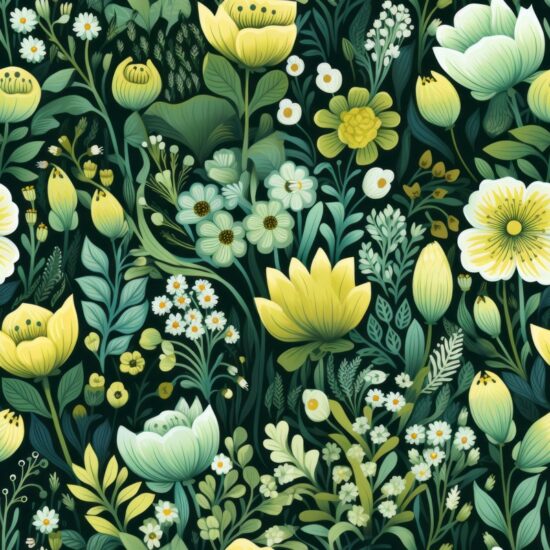 Fresh Blooms: Meadow Greens Floral Design Seamless Pattern