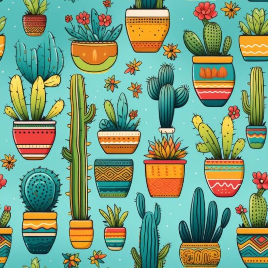 Vibrant Turquoise Cacti Delight Seamless Pattern