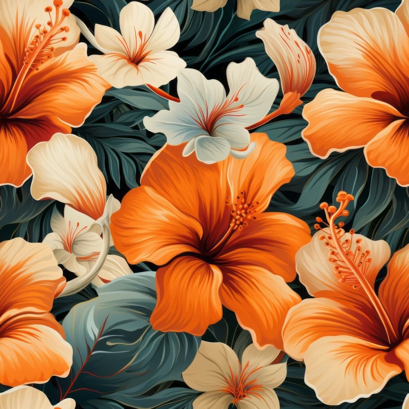 Exotic Orange Tropical Flowers Design Seamless Pattern