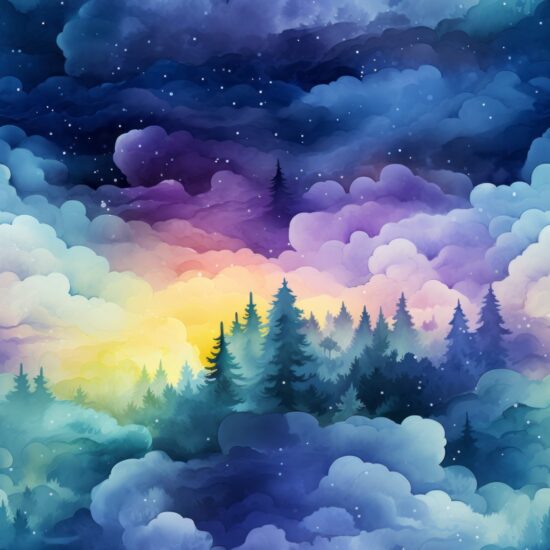 Aurora Nature Watercolor Scene Seamless Pattern