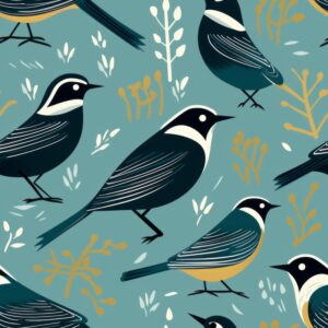 Blackbird Linocut Floral Design Seamless Pattern