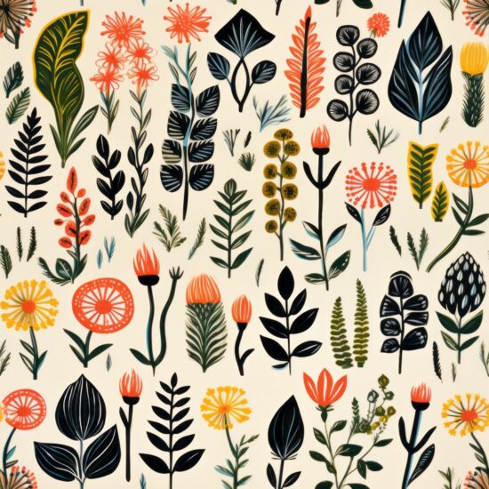 Blooming Botanical Linocut Prints Seamless Pattern