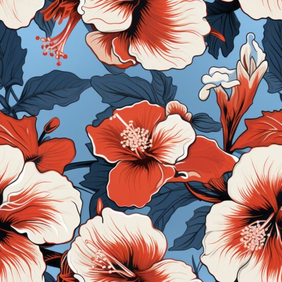Blooming Hibiscus Linocut Print Seamless Pattern
