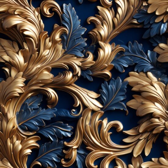 Blue Blooms with Faux Gold Accents Seamless Pattern