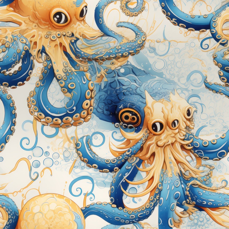 Blue Calligraphy Octopus Seamless Pattern