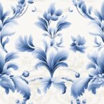 Blue Delicate Damask on Grey Background Seamless Pattern