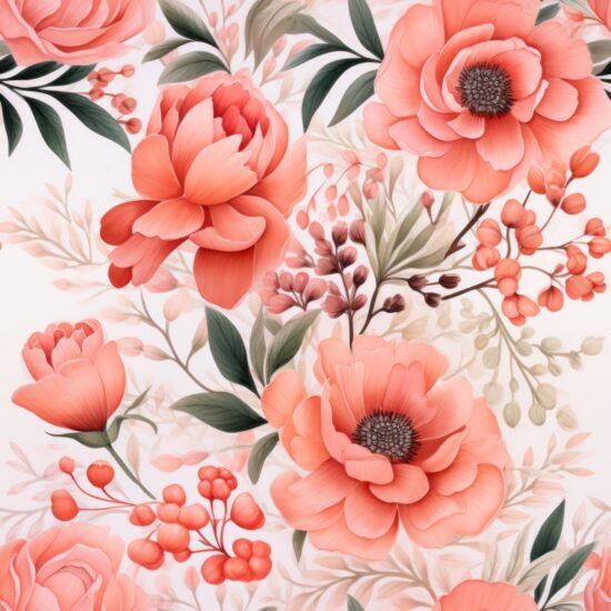 Blushing Coral Watercolor Blooms Floral Seamless Pattern