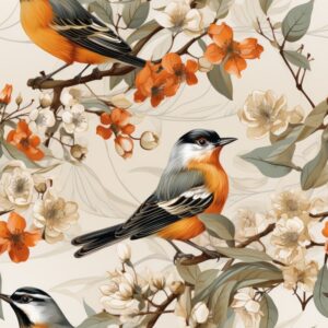 Botanical Bird Finches Floral Design Seamless Pattern