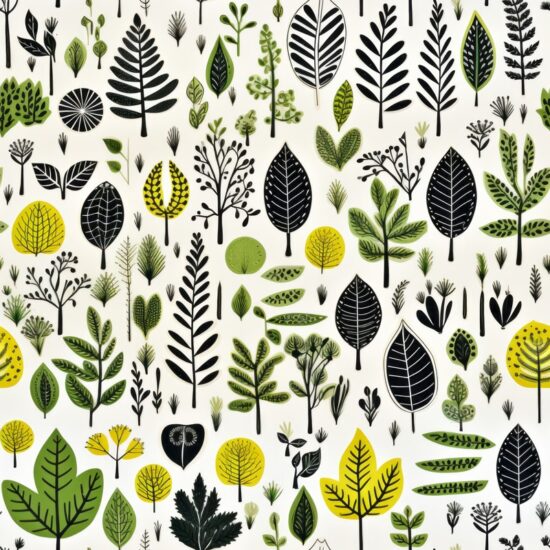 Botanical Bliss: Vibrant Linocut Plant Patterns Seamless Pattern