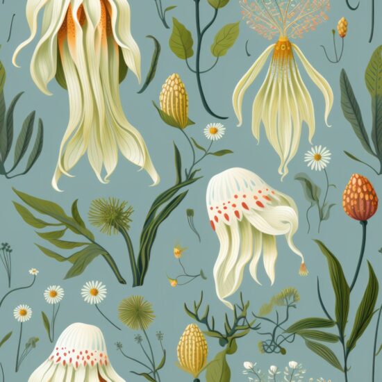 Botanical Cuttlefish Floral Illustration Seamless Pattern