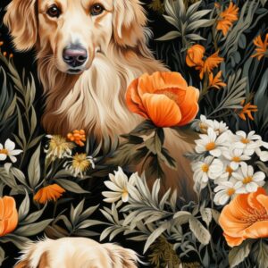 Botanical Dog Floral Illustration Seamless Pattern