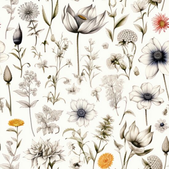 Botanical Ink Drawings Seamless Pattern