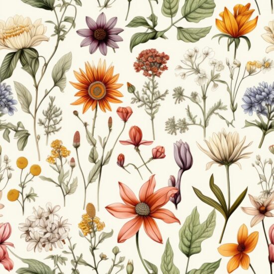 Botanical Ink & Watercolor Floral Pattern Seamless Pattern