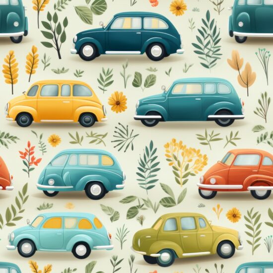 Botanical Toy Car Illustration Seamless Pattern