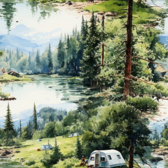 Campfire Bliss: Watercolor Camping Landscapes Seamless Pattern