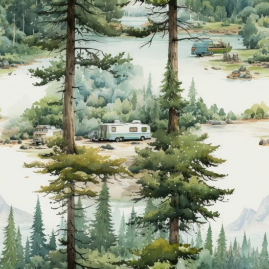 Camping Wilderness Watercolor Landscapes Seamless Pattern