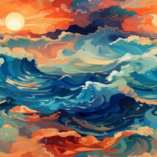 Coastal Artwork: Ocean Sunset Paintings Seamless Pattern