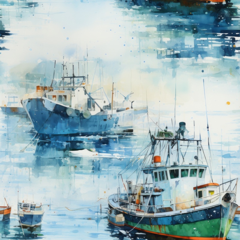 Coastal Reflections: Fishing Boats Seamless Pattern