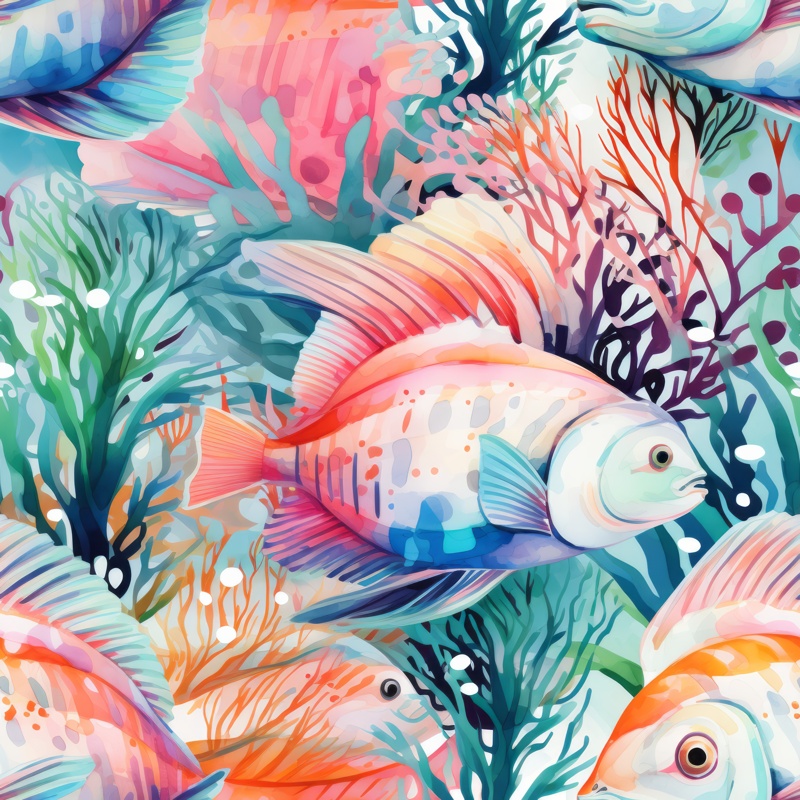 Coral Reef Watercolor Fish Dive Seamless Pattern