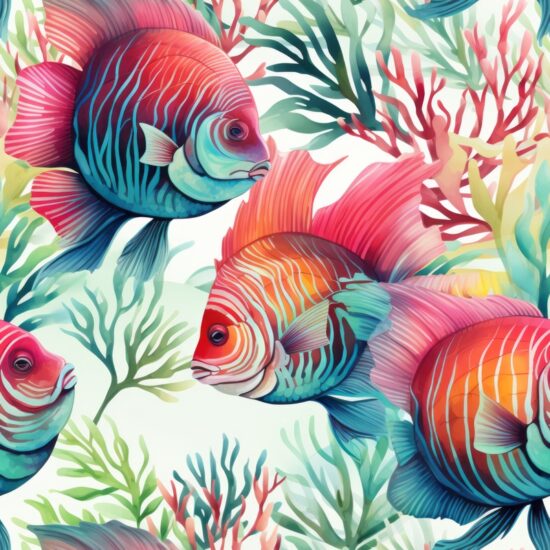 Coral Waters Fish Watercolor Design Seamless Pattern