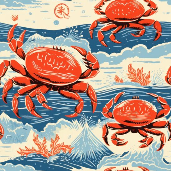 Crab Crawl Seashore Linocut Print Seamless Pattern