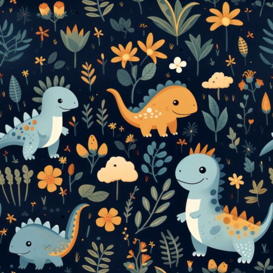 Cute Dinosaur Botanical Applique Seamless Pattern