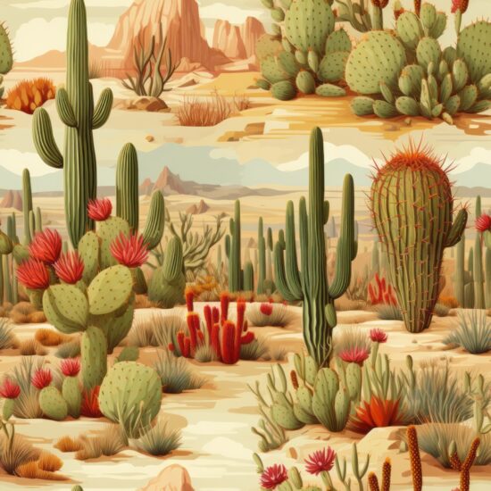 Desert Cactus Botanical Illustration Seamless Pattern