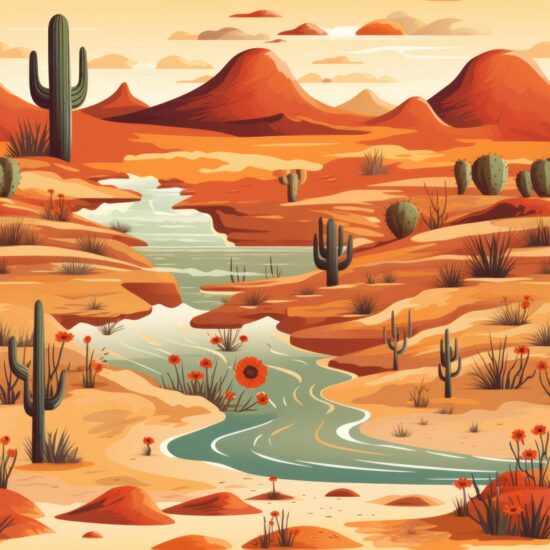 Desert Vista: Southwestern Landscape Illustration Seamless Pattern