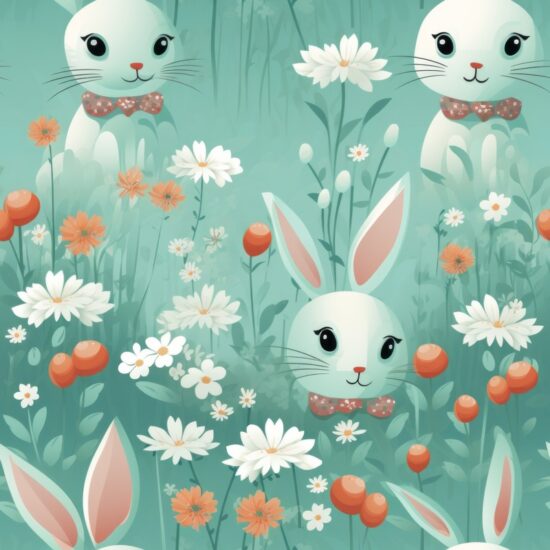 Easter Bunny Meadow in Mint Seamless Pattern
