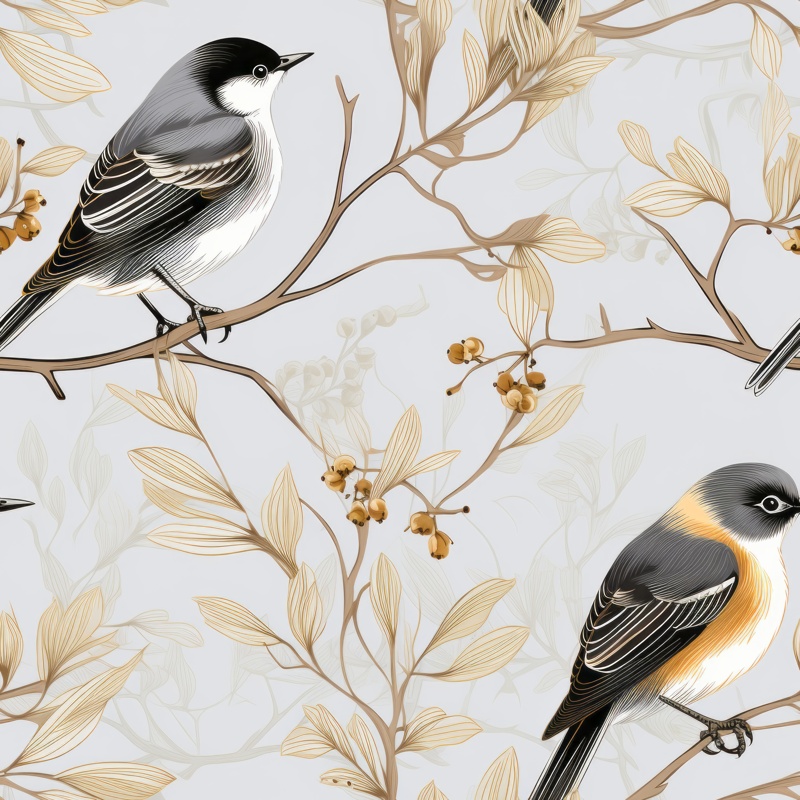 Elegant Engraved Birds with Golden Accents Seamless Pattern