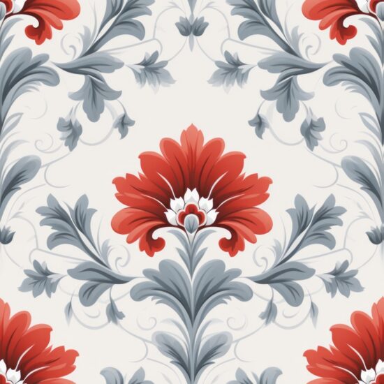 Elegant Floral Damask with Clean Grey & Red Accents Seamless Pattern