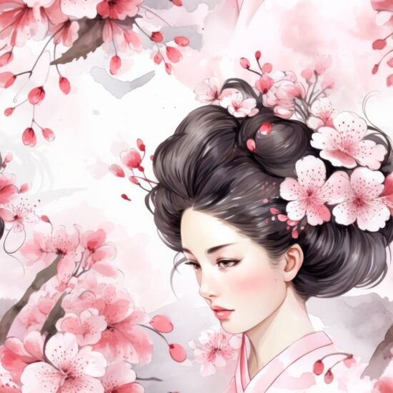 Elegant Geishas Dancing in Cherry Blossom Seamless Pattern