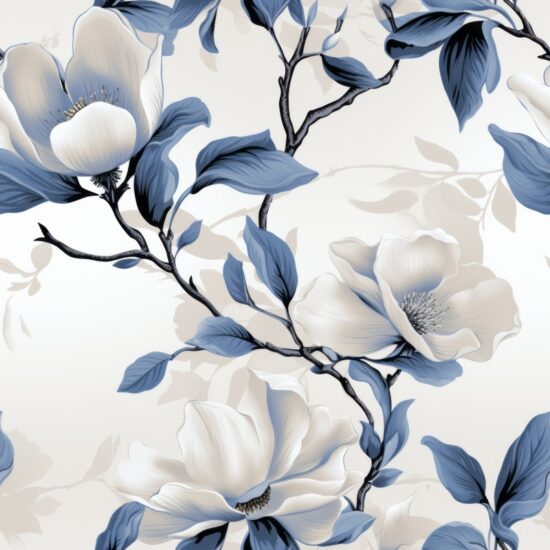 Elegant Magnolia Floral Artwork on Subtle Grey and Blue Seamless Pattern