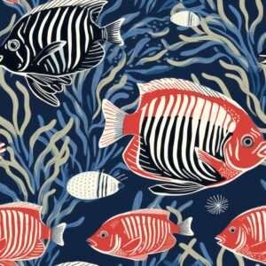 Emperor Angelfish Aquatic Linocut Seamless Pattern