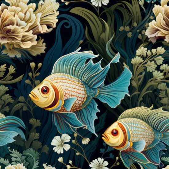 Emperor Angelfish Renaissance Illustration Seamless Pattern