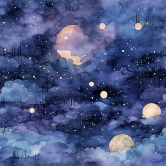 Enchanting Nocturnal Watercolor Moonscape Seamless Pattern